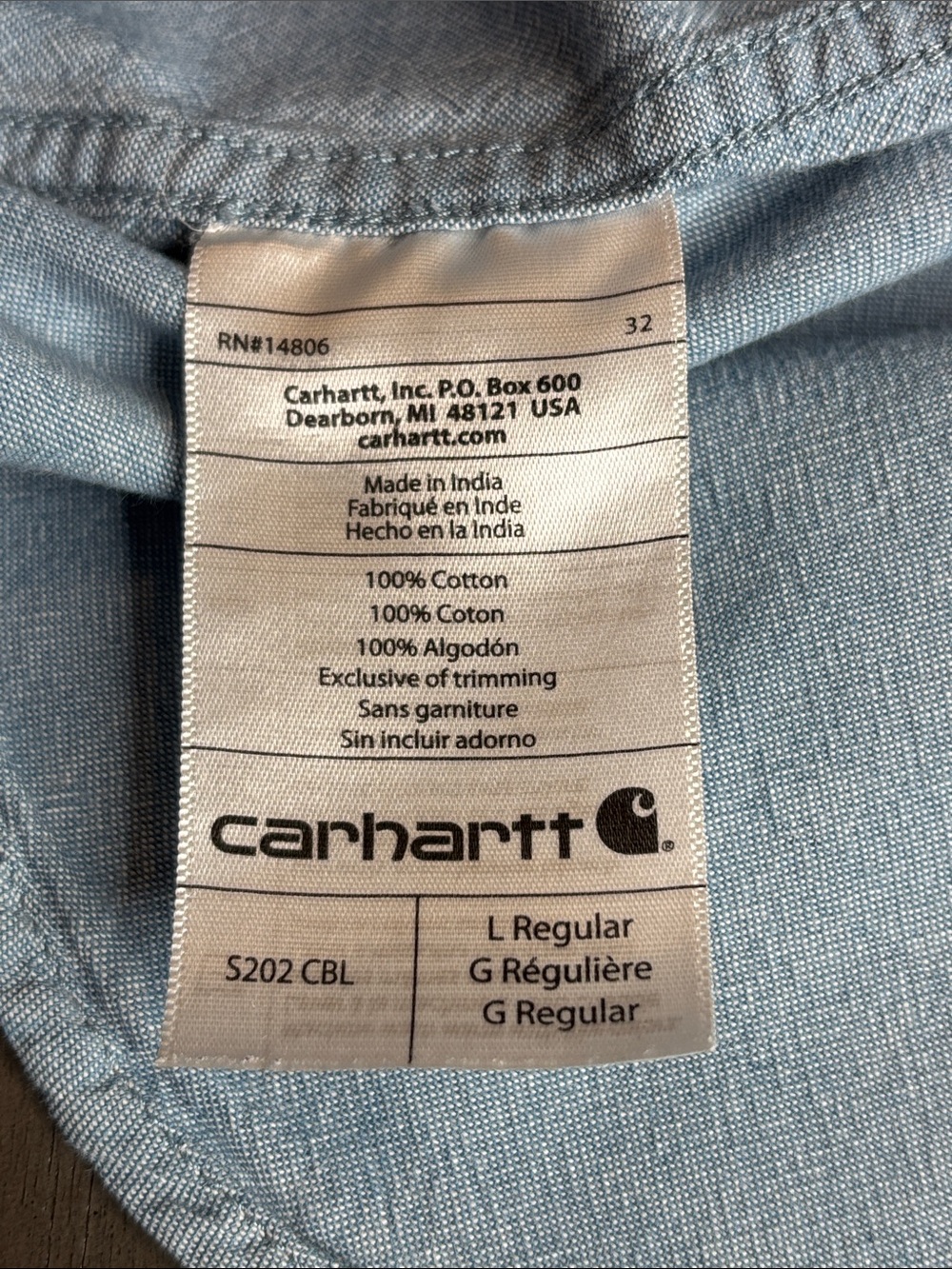 💙 Carhartt Men’s Long Sleeve Button Up Shirt Large Light Blue Cotton Workwear - Picture 7 of 10